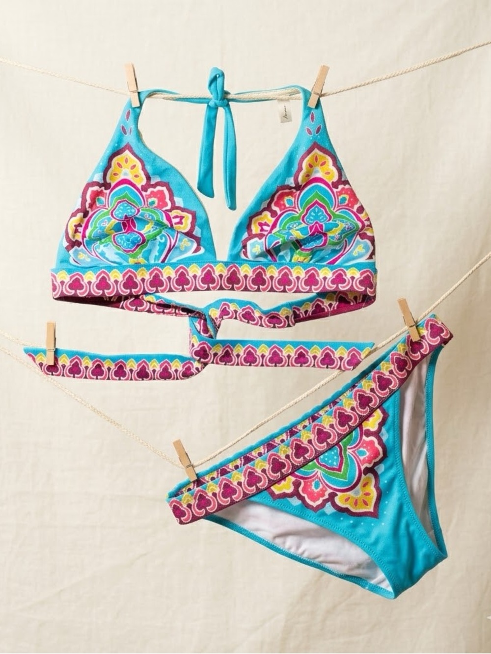 Victoria's Secret Turquoise Bikini with Multicolor Print | Top-L | Bottoms-S
